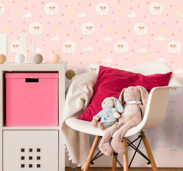 Pink sky with sheep Kids Wallpaper - TenStickers