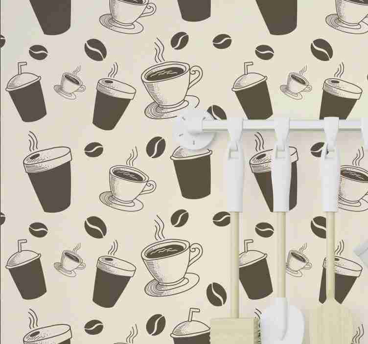 Coffee bean and cups pattern kitchen wallpaper TenStickers