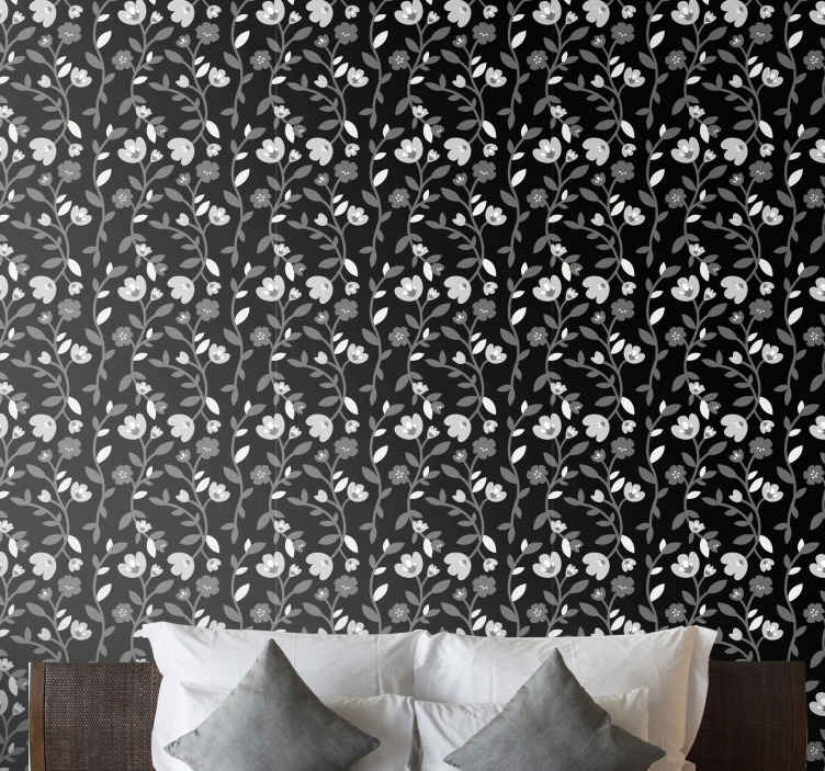 Grey flowers black background Nature Wallpaper - TenStickers
