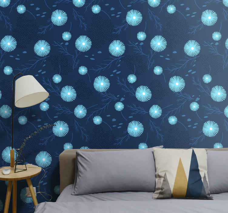 Light blue flowers on dark blue Nature wallpaper - TenStickers
