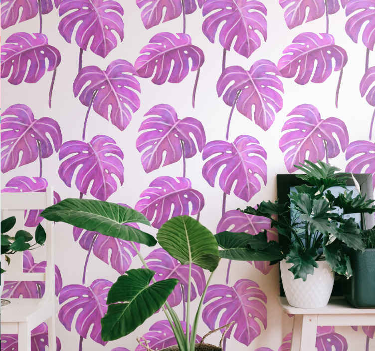 Pink painted monstera leaves wallpaper - TenStickers