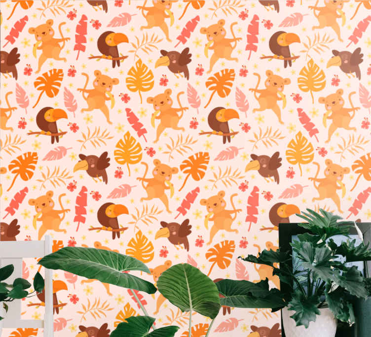 鳥猿と植物のジャングルのテーマの壁紙 Tenstickers