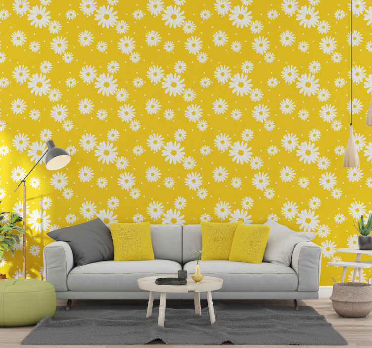 Daisy flowers on yellow Nature Wallpaper - TenStickers