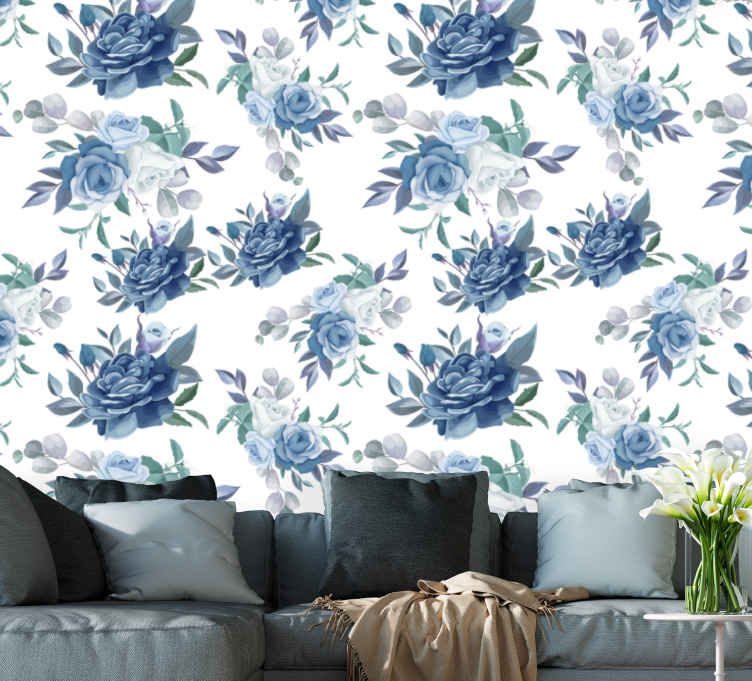 Carta parati floreale Rose acquerelli blu