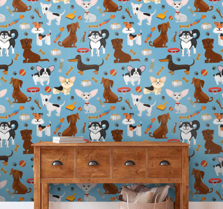 Dogs pattern blue background wallpaper for bedroom - TenStickers