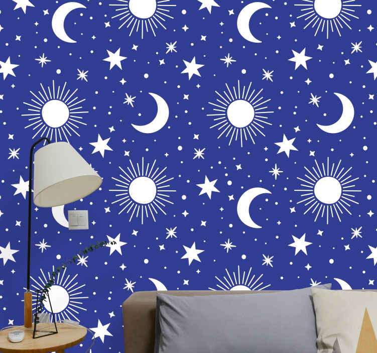 White stars and moons blue background wallpaper - TenStickers
