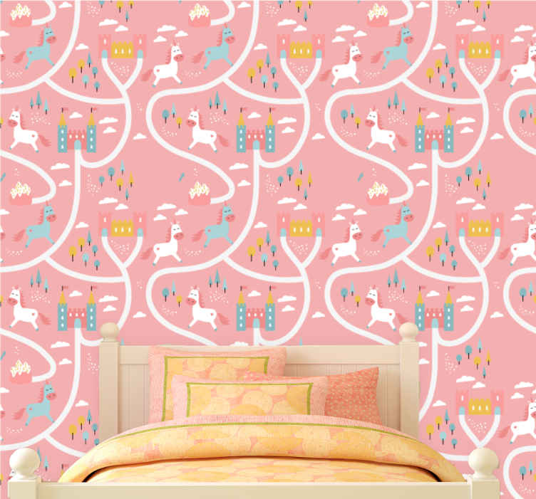 Arte carta da parati Unicorni e castelli rosa dei cartoni animati