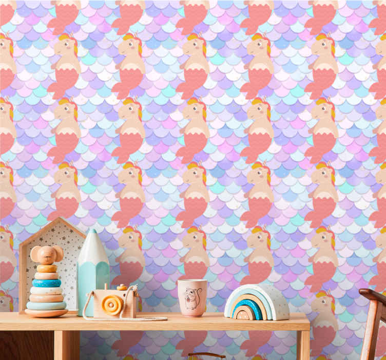 Papel pintado arte Sirenas de unicornio con fondo de escamas de p