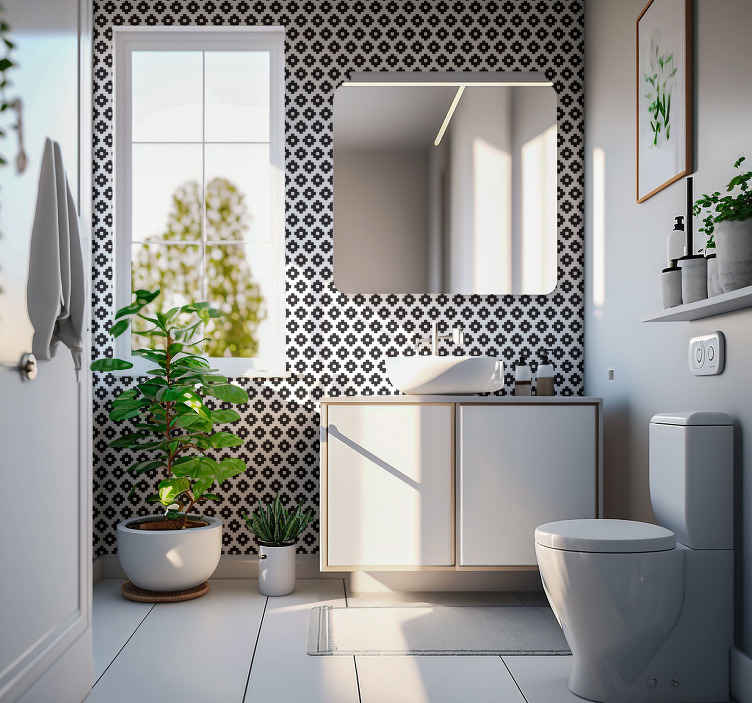Black and White Bathroom Design with Floral Wallpaper
