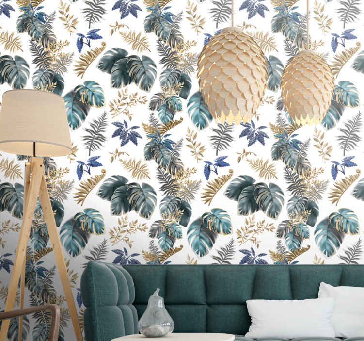 Golden and blue tropical wild leaves wallpaper  TenStickers