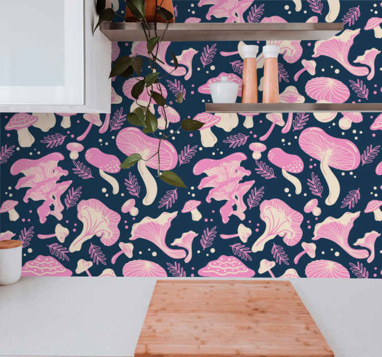 Bức tường phòng bếp với họa tiết nấm hình hoa vàng hồng sẽ làm cho căn bếp của bạn trở nên đáng yêu và dễ chịu hơn. Với chất liệu giấy dày và chất lượng in ấn tuyệt vời, bức tường này sẽ cung cấp cho không gian bếp của bạn một phong cách nội thất rực rỡ và đầy màu sắc.