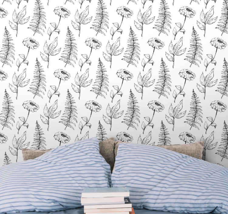 黒と白のチューリップパターンの寝室の壁紙 Tenstickers