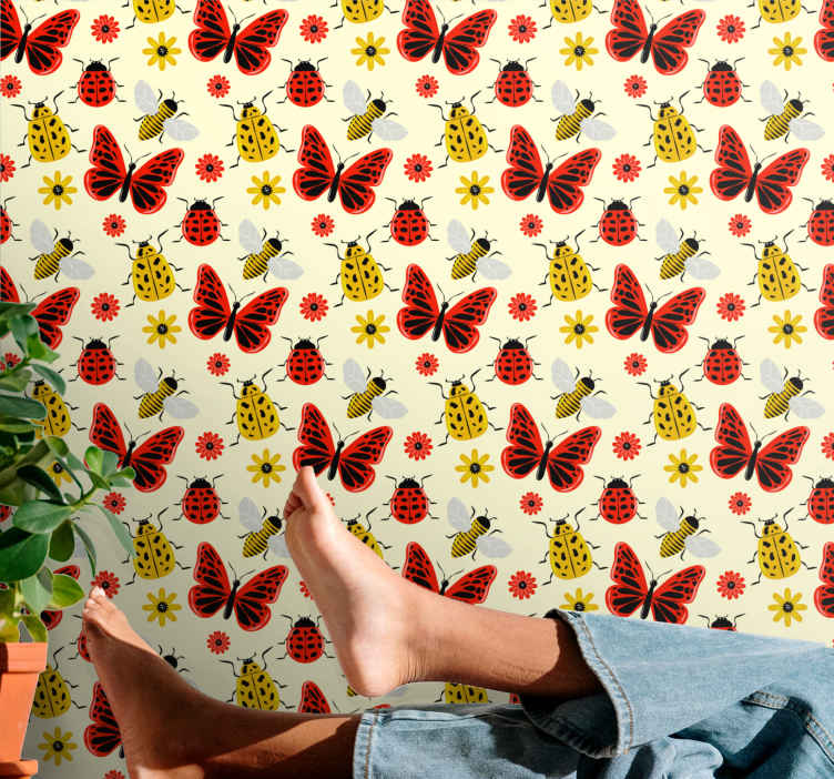 Carta da parati salotto Motivo colorato e minimalista di insetti