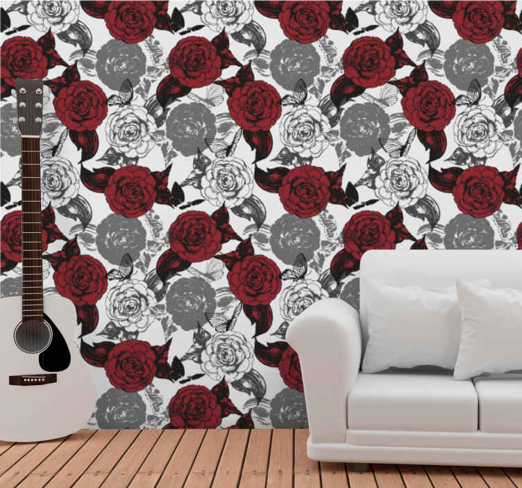 Papel pintado para salón Patrón de flores blancas, negras y rojas -  TenVinilo