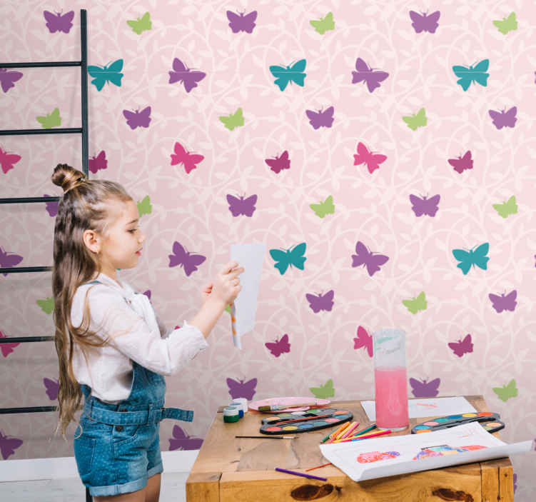Pink and colorful butterfly pattern Kids Wallpaper - TenStickers
