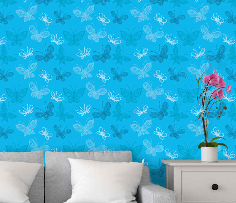 Bright blue butterfly pattern Lounge Wallpaper - TenStickers