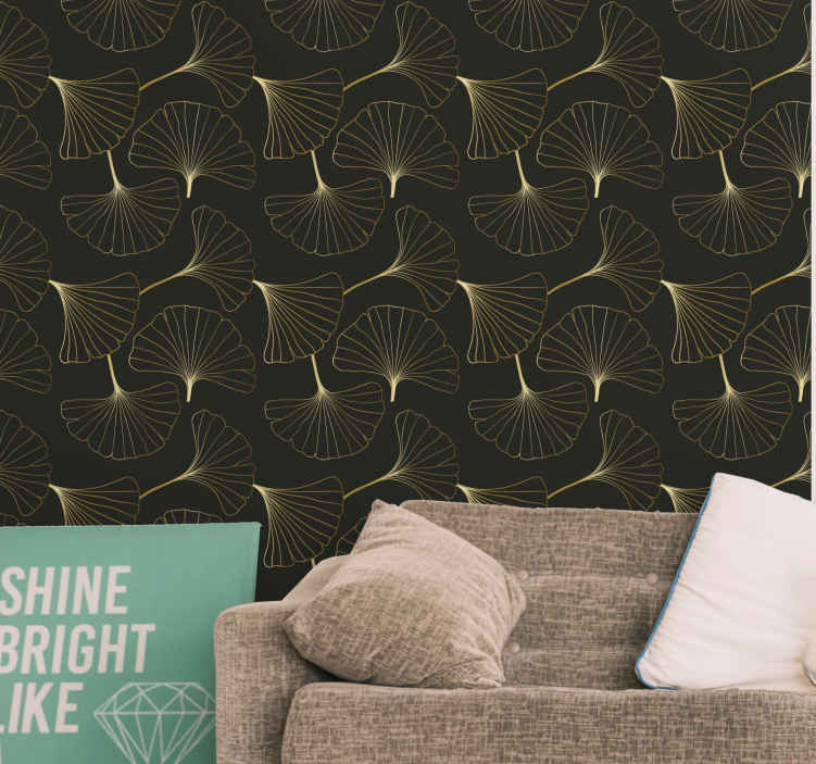 Ginkgo Leaves Charcoal Gold Contemporary Wallpaper - TenStickers