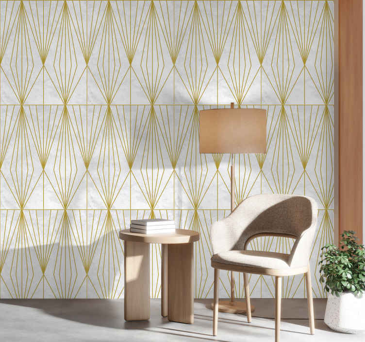 White And Gold Triangle Pattern Living Room Wallpaper - TenStickers