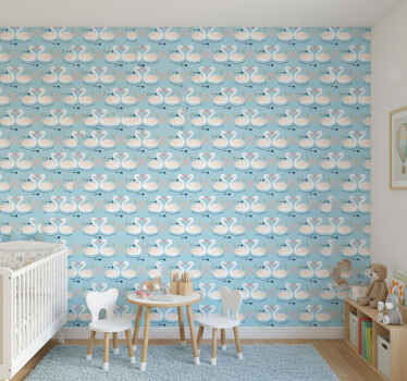 Nature wallpaper swans in love pattern on blue - TenStickers