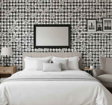 Wall paper in bedroom floral on checked pattern - TenStickers