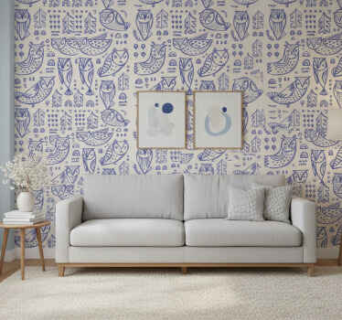 Animal wallpaper cute blue owl face illustration - TenStickers