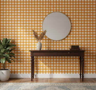 Hallway wallpaper in orange and white patterned squares - TenStickers