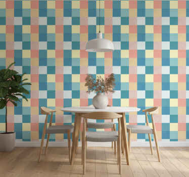 Papel tapiz comedor cuadrícula pastel geométrica - TenVinilo