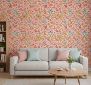 Nature wallpaper with floral pattern, birds, and butterflies - TenStickers