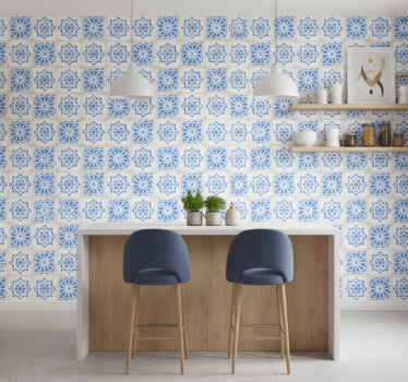 Tile effect wallpaper with intricate blue patterns - TenStickers