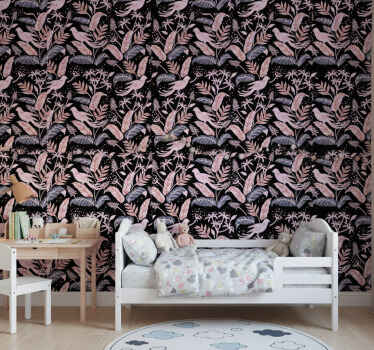 Papel pintado infantil pájaros negros y rosas en hojas - TenVinilo