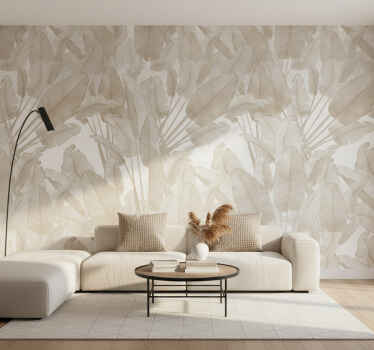 Living room wallpaper beige banana leaf - TenStickers