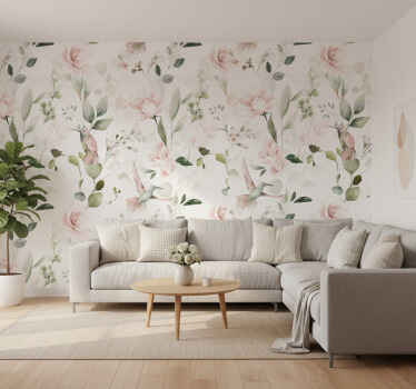 Living room wallpaper soft pastel bird design - TenStickers
