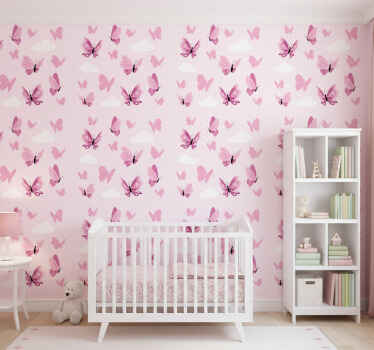 Butterfly wallpaper in pink flutter and clouds - TenStickers