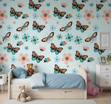 Butterfly wallpaper with butterflies and flowers - TenStickers