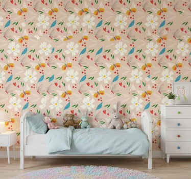 Butterfly wallpaper in beige floral pattern - TenStickers
