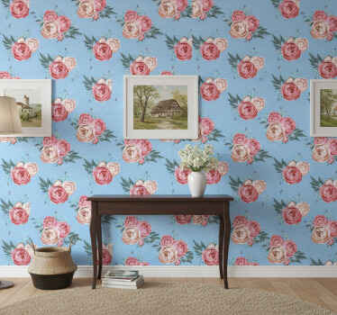 Papier peint couloir roses roses bleues en fleurs - TenStickers