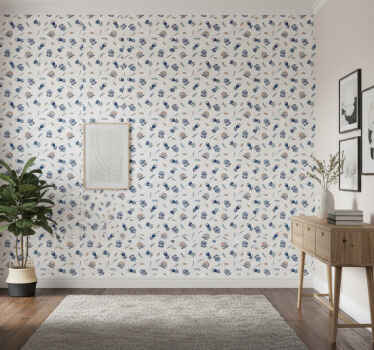 Papier peint couloir motif folk art bleu - TenStickers