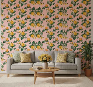 Classic wallpaper yellow roses and green leaves - TenStickers