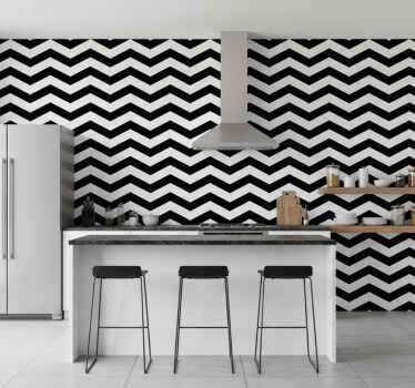 Kitchen wallpaper in white and black chevron pattern - TenStickers