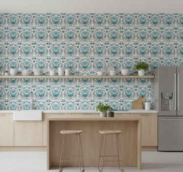Carta da parati cucina motivo folk blu con uccelli - TenStickers