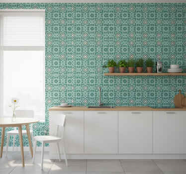 Papel de parede para cozinha com azulejos florais verdes - TenStickers