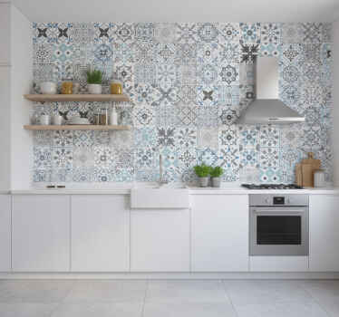 Kitchen wallpaper in blue mosaic design - TenStickers