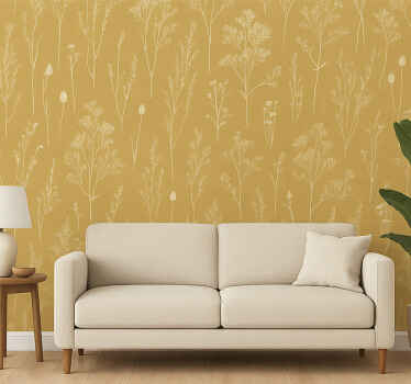 Living room wallpaper ocher nordic floral design - TenStickers
