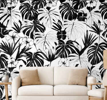 Living room wallpaper black and white palm leaves - TenStickers