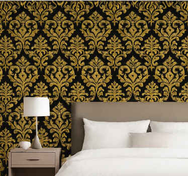 Papel pintado dormitorio matrimonio motivo dorado sobre negro - TenVinilo