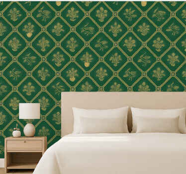 Papel pintado dormitorio matrimonio patrón verde y oro - TenVinilo