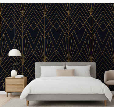 Behangpapier hoofdslaapkamer donkerblauw met gouden figuren - TenStickers