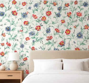Papel pintado dormitorio matrimonio diseño flores retro - TenVinilo