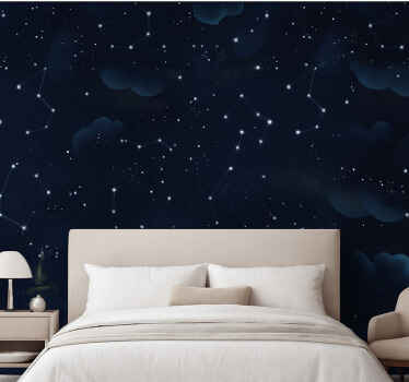 Papel pintado dormitorio matrimonio cielo azul marino con estrell - TenVinilo