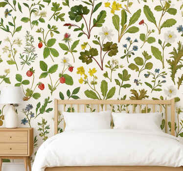 Papel pintado dormitorio matrimonio diseño botánico fondo blanco - TenVinilo